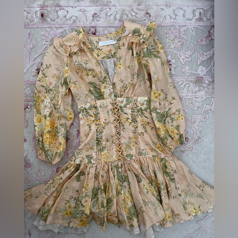 Zimmermann Amelie Floral Puff Sleeve Corset Linen Dress